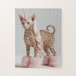 Glam Leopard Unicorn Cat in Pink Fur Heels Jigsaw Puzzle