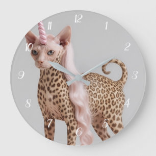 Glam Leopard Unicorn Cat in Pink Fur Heels Large Clock