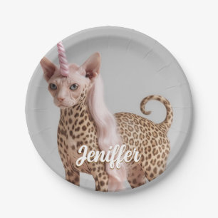 Glam Leopard Unicorn Cat in Pink Fur Heels Paper Plate