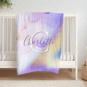 Glam Lilac Gold Abstract Paint Elegant Monogram Fleece Blanket