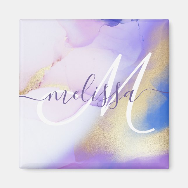 Glam Lilac Gold Abstract Paint Elegant Monogram Magnet (Front)