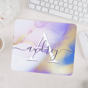 Glam Lilac Gold Abstract Paint Elegant Monogram Mouse Pad