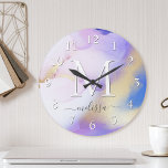 Glam Lilac Gold Abstract Paint Elegant Monogram Round Clock<br><div class="desc">Easily personalize this glamorous style abstract lilac watercolor paint and faux gold spray background with your custom details.</div>