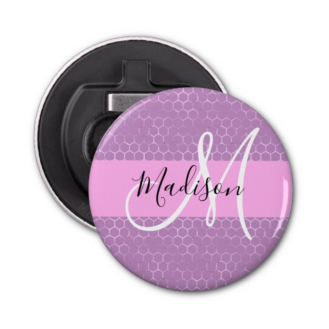 Glam Lilac Metallic Pink Honeycomb Monogram Name Bottle Opener (Front)
