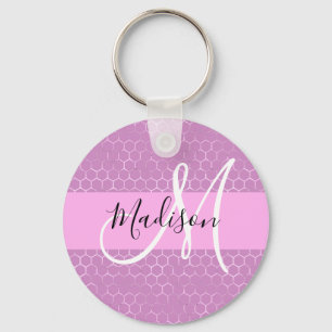 Glam Lilac Metallic Pink Honeycomb Monogram Name Key Ring