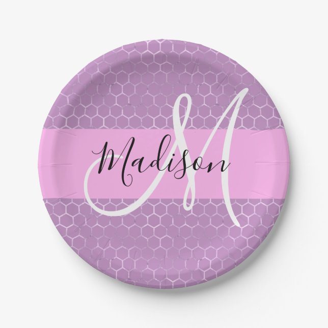 Glam Lilac Metallic Pink Honeycomb Monogram Name Paper Plate (Front)