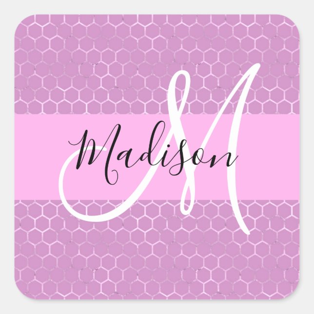 Glam Lilac Metallic Pink Honeycomb Monogram Name Square Sticker (Front)