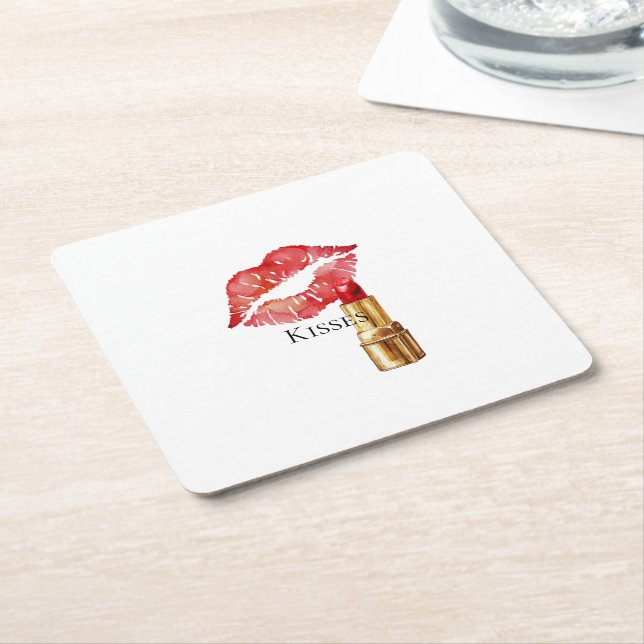 Glam Lips Red Lipstick Kiss Square Paper Coaster (Angled)