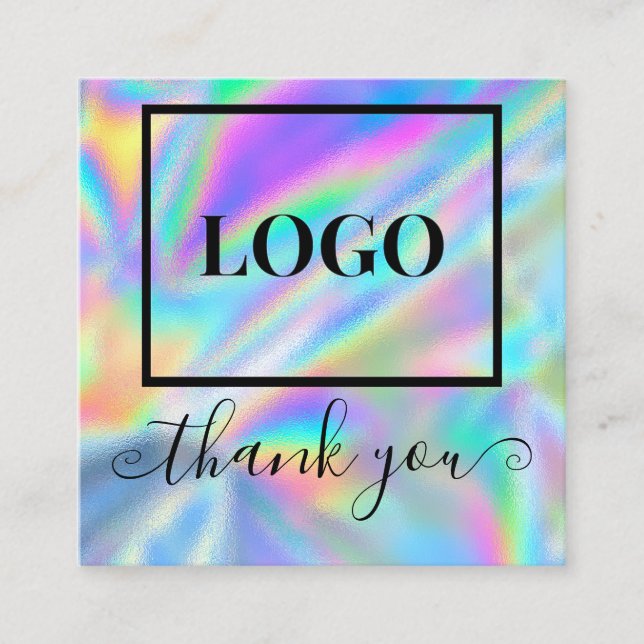 Glam Logo Faux Holographic Thank You Square Business Card (Front)
