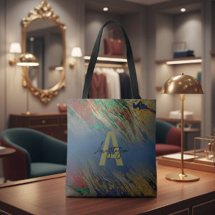 Glam Luxury Gold Glitter Abstract Marble Monogram Tote Bag