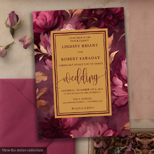 Glam Luxury Maroon Blush Gold Floral Wedding Invitation
