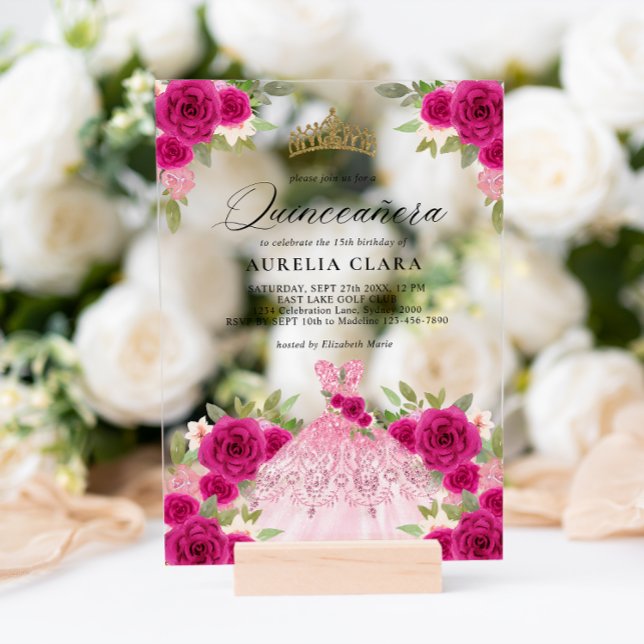 Glam Magenta Pink Dress Floral 15th Quinceañera Acrylic Invitations (Creator Uploaded)