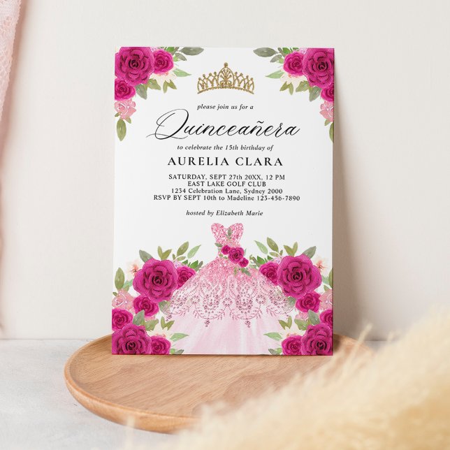Glam Magenta Pink Dress Floral 15th Quinceañera Invitation (Creator Uploaded)