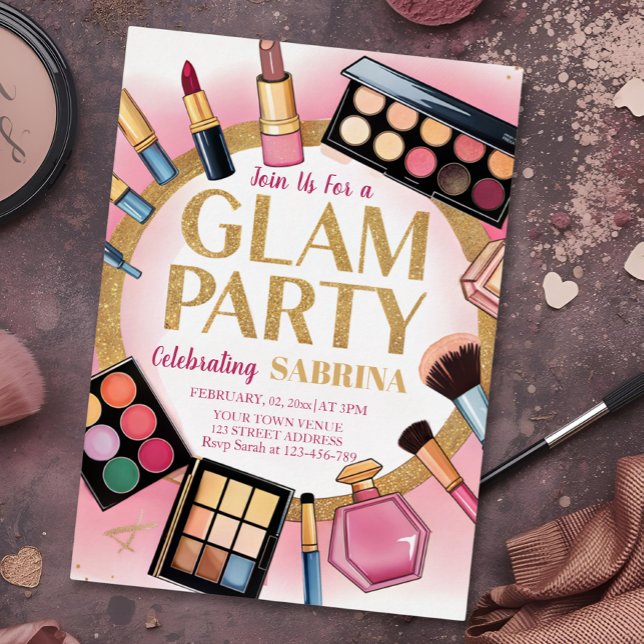 glam makeup birthday party blush pink  foil invita (Creator Uploaded)