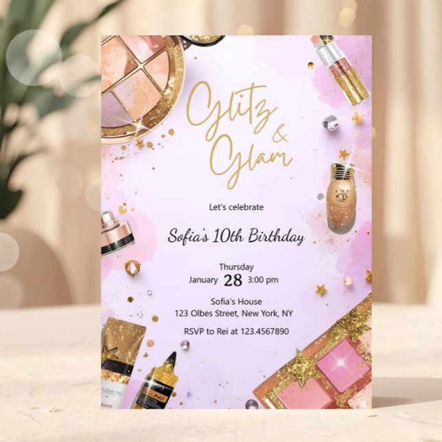 Glam Makeup Birthday Party Blush Pink Spa Party Invitation (girl birthday, spa makeup birthday party, spa party, spa birthday, makeup party, glamorous birthday,)