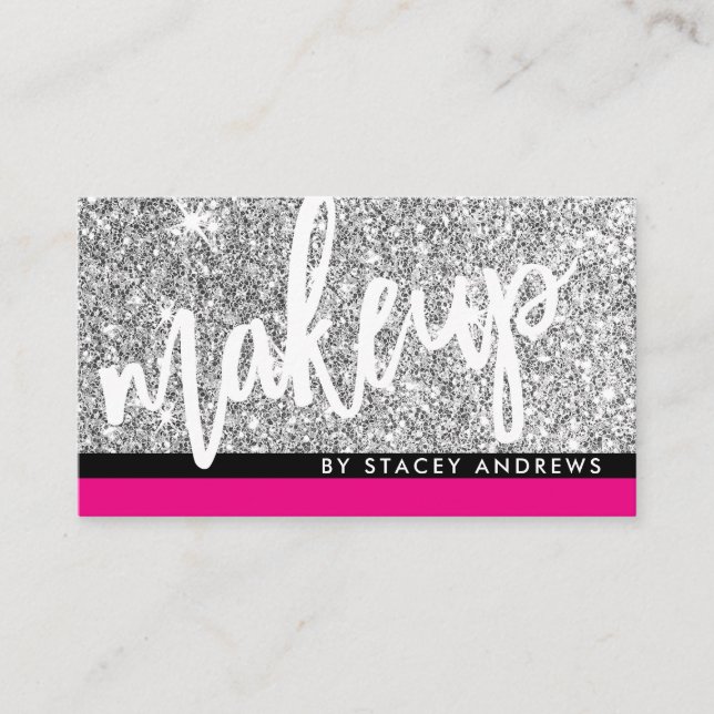 GLAM MAKEUP brush script silver glitter pink black Business Card (Front)