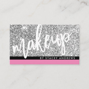 GLAM MAKEUP brush script silver glitter pink black Business Card
