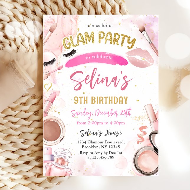 Glam Makeup Girl Birthday Party Pink Spa Party  Invitation (Creator Uploaded)