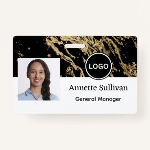 Glam Marble Black & Gold Corporate Employee ID Badge
