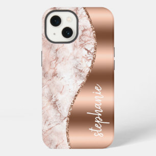 Glam Marble Pink Rose Gold Metallic Name iPhone 13 Case