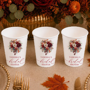 Glam maroon floral fall bridal shower paper cups