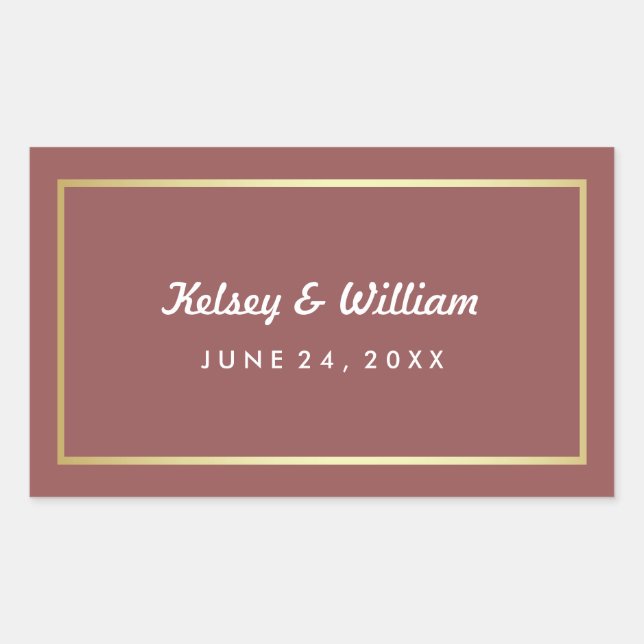 Glam Marsala and Gold Wedding Water Bottle Wrapper Rectangular Sticker (Front)