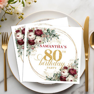 Glam Marsala Floral Gold 80th Birthday Napkins