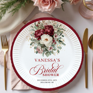 Glam Marsala Floral Gold Bridal Shower Paper Plate