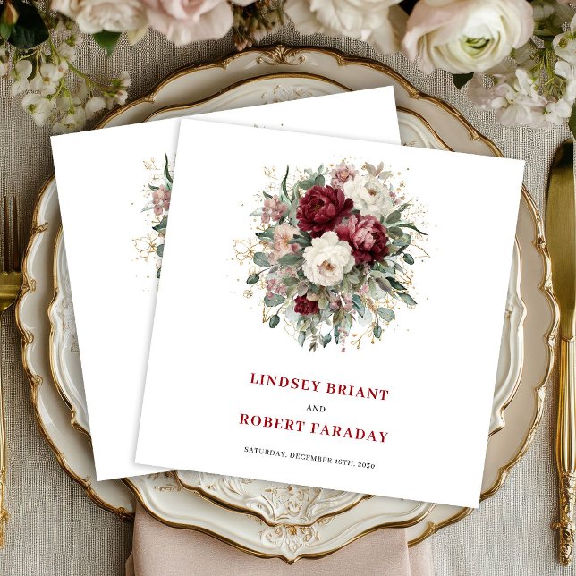 Glam Marsala Floral Greenery Gold Wedding Napkins (Glam Marsala Floral Greenery Gold Wedding Napkins)