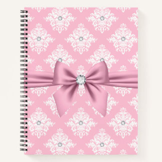 Glam Mauve Pink Bow Diamonds White Damask Notebook