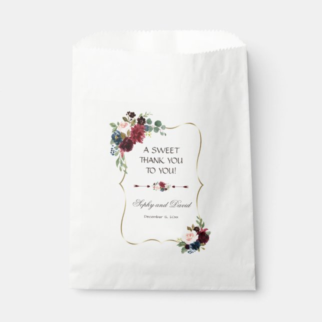 Glam Merlot Navy Blue Floral Wedding THANK YOU Favour Bags (Front)