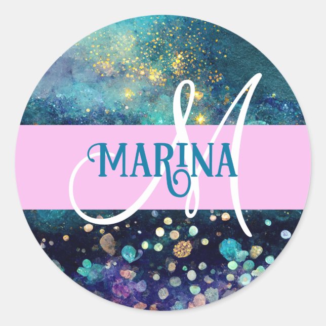 Glam Mermaid Aqua Gold Glitter Sparkles Monogram Classic Round Sticker (Front)