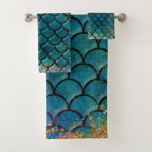 Glam Mermaid Fish Scales Teal Purple Gold Sparkle Bath Towel Set (Insitu)