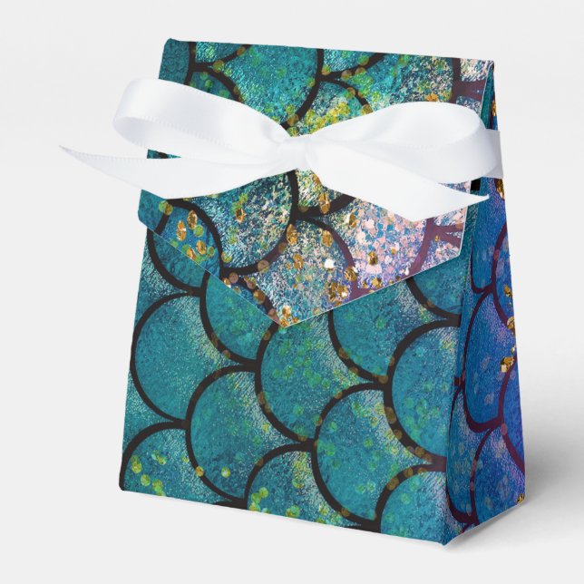 Glam Mermaid Fish Scales Teal Purple Gold Sparkle Favour Box (Front Side)