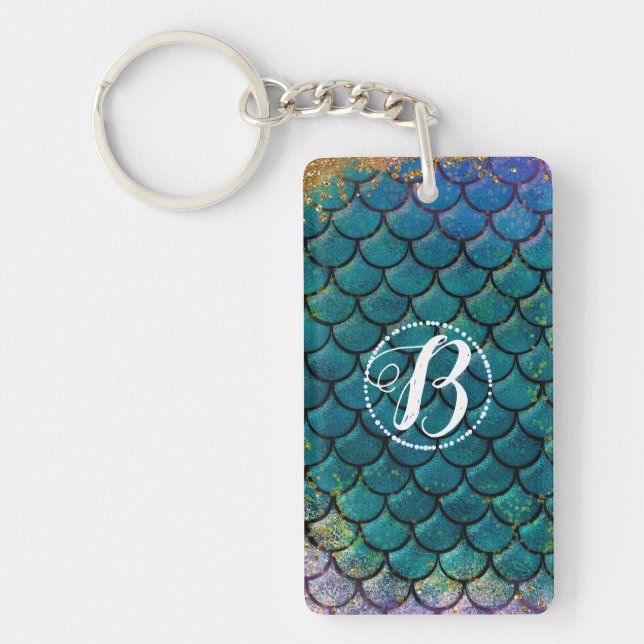 Glam Mermaid Fish Scales Teal Purple Gold Sparkle Key Ring (Front)