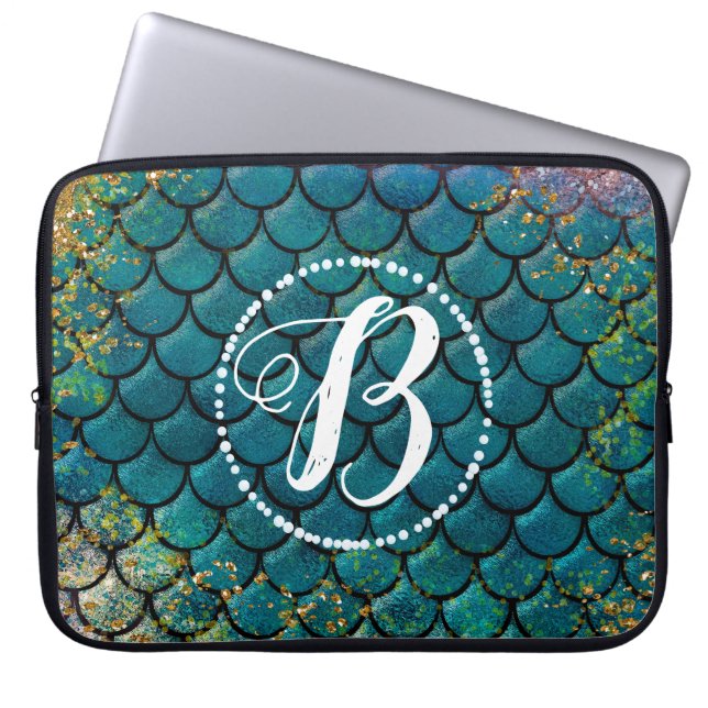 Glam Mermaid Fish Scales Teal Purple Gold Sparkle Laptop Sleeve (Front)