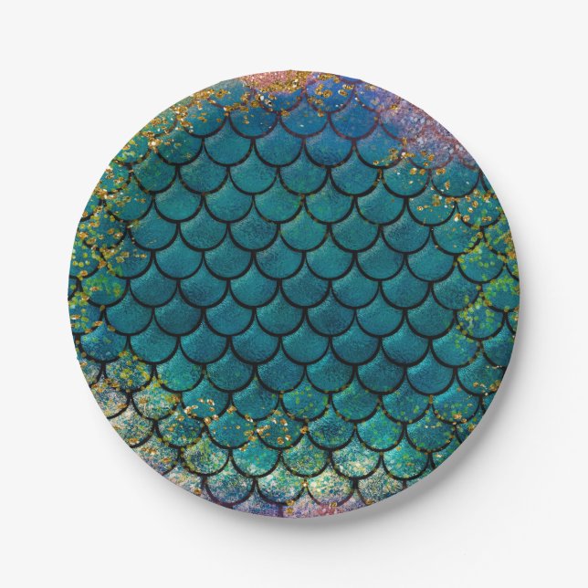 Glam Mermaid Fish Scales Teal Purple Gold Sparkle Paper Plate (Front)