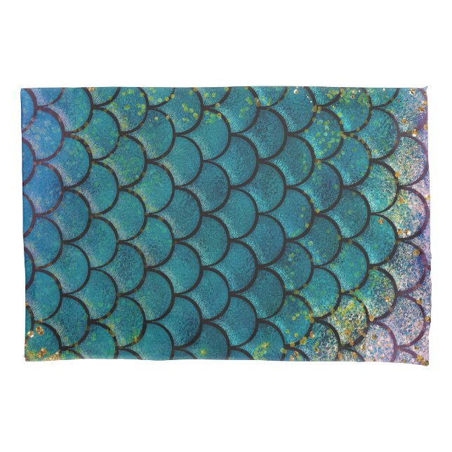 Glam Mermaid Fish Scales Teal Purple Gold Sparkle Pillowcase (Front)