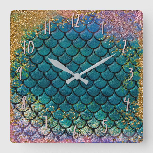 Glam Mermaid Fish Scales Teal Purple Gold Sparkle Square Wall Clock (Front)