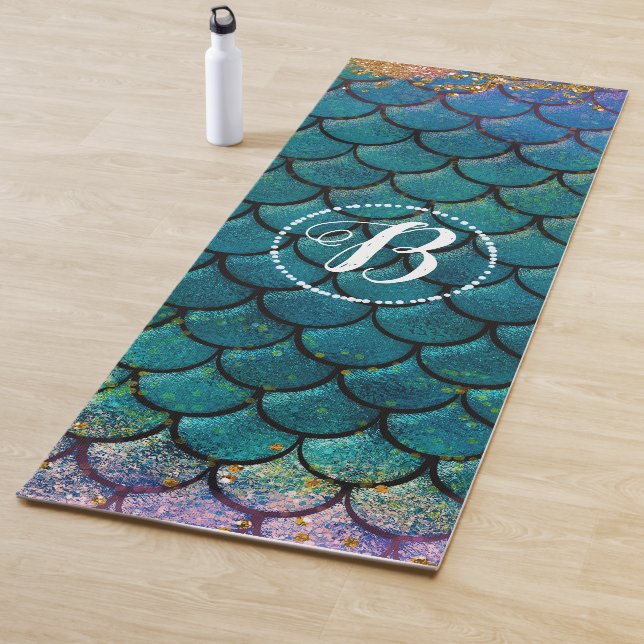 Glam Mermaid Fish Scales Teal Purple Gold Sparkle Yoga Mat (In Situ)