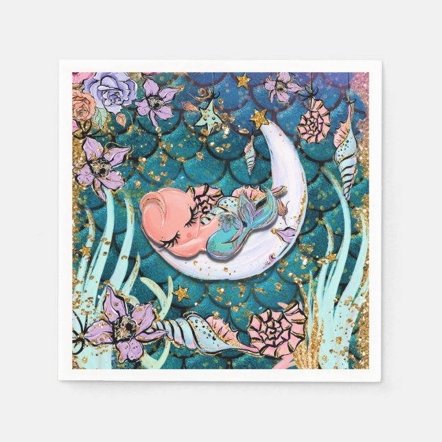 Glam Mermaid Gold Glitter Boys Baby Shower Napkin (Front)