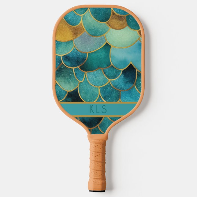 Glam Mermaid Scales Teal & Gold Monogram Pickleball Paddle (Back)
