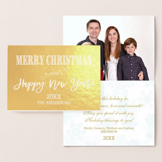 Glam Merry Christmas Happy New Year Family Photo Foil Card (Display)