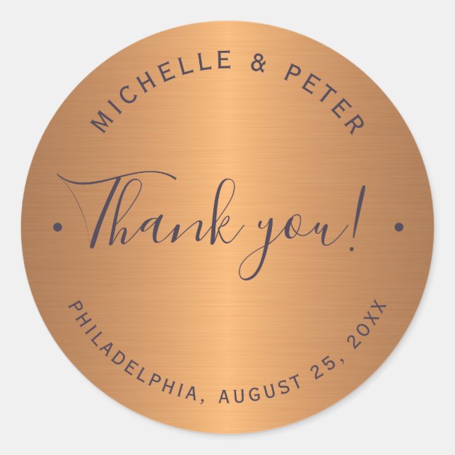 Glam metallic copper gold wedding thank you classic round sticker (Front)