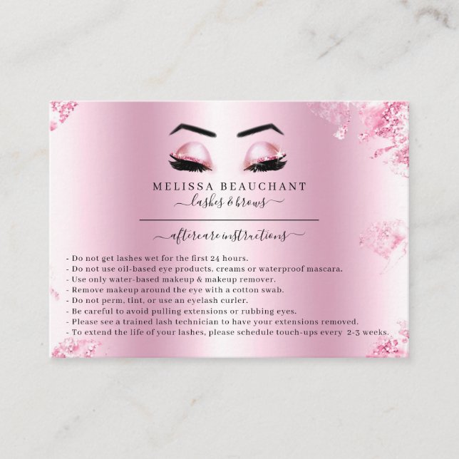 Glam Metallic Pink Glitter Lashes Salon Aftercare Business Card (Front)