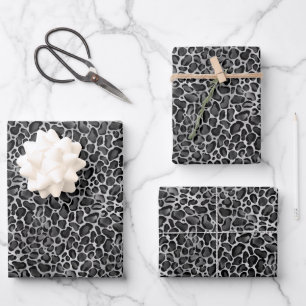 Glam Metallic Silver Leopard Print Wrapping Paper Sheet