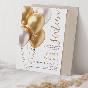 Glam Minimal Gold Balloons Sweet 16 Birthday Invitation