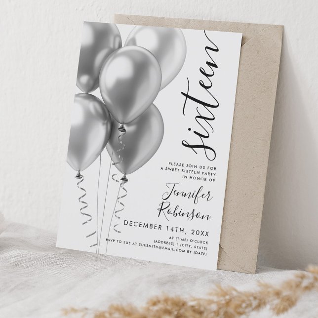 Glam Minimal Silver Balloons Sweet 16 Birthday Invitation (Glam Minimal Silver Balloons Sweet 16 Birthday Invitation)