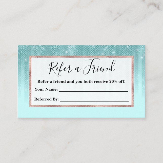 Glam Mint Green Aqua Glitter Striped Gradient Referral Card (Front)