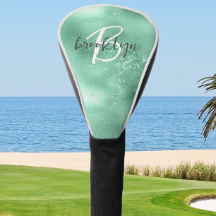 Glam Mint Green Trendy Script Monogram Golf Head Cover